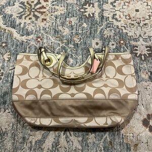 Coach Signature Beige and Gold Tote Bag